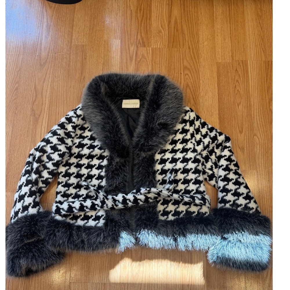 Sierra‎ Darien Penny Lane Houndstooth Faux Fur Belted Jacket Black White Women M